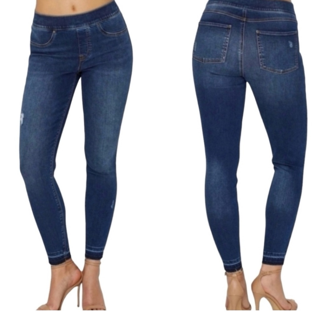 Spanx Distressed Pull On Ankle Skinny Jeans High Rise Released Hem Medium 6-8